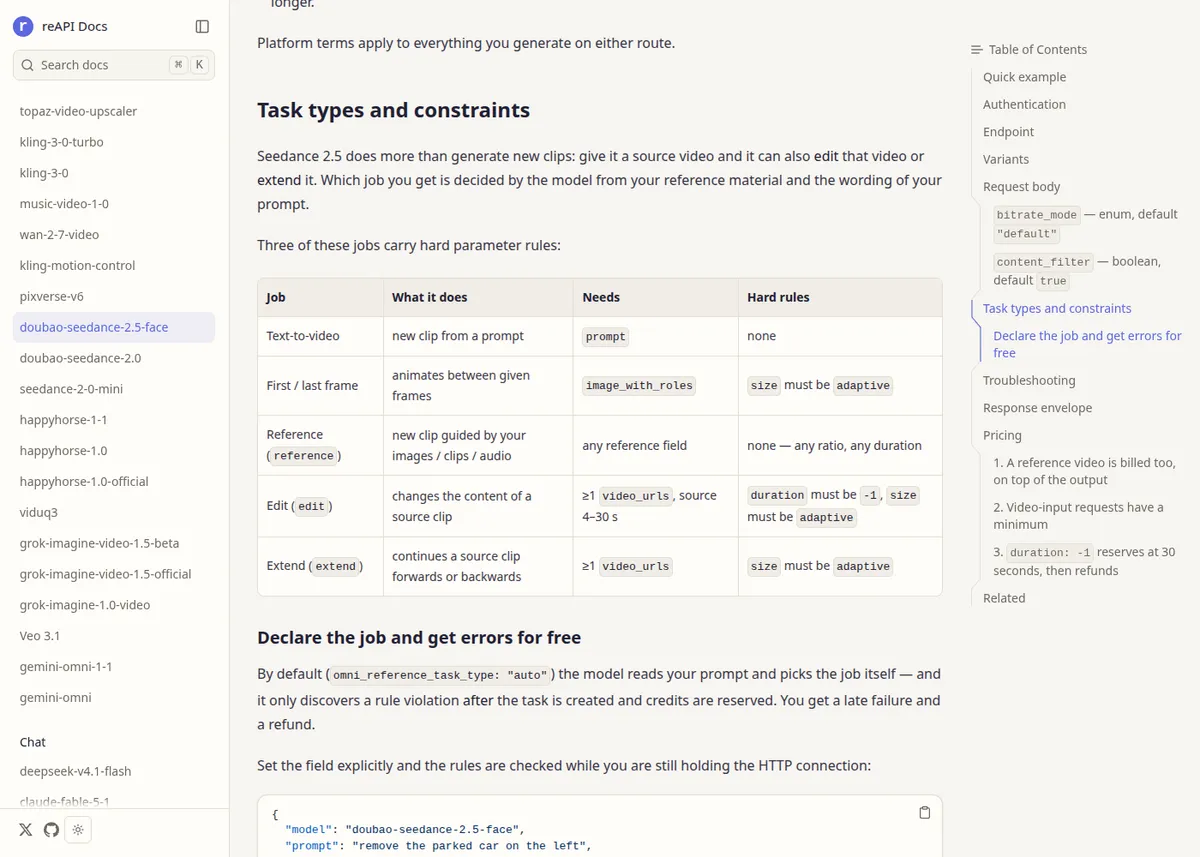 Screenshot of reAPI's Seedance 2.5 documentation showing the task types and requirements for video editing